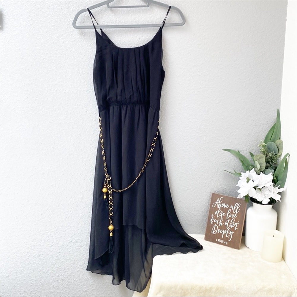 Windsor Y2K, Spaghetti Strap Black Midi dress, with Gold Waist Chain, Size Small